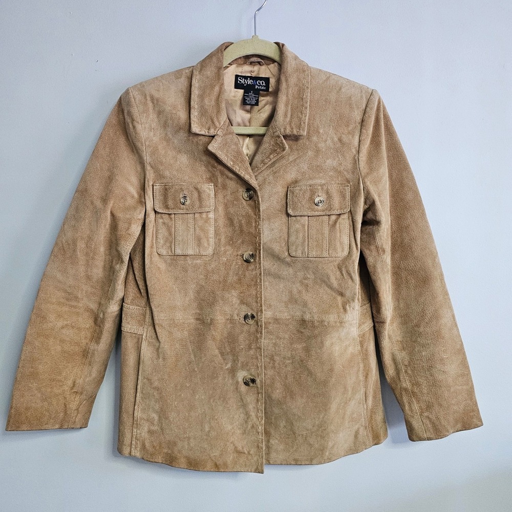 Vintage Small Tan Brown Suede Leather Jacket‎ Button Front Western Cowgirl 90s